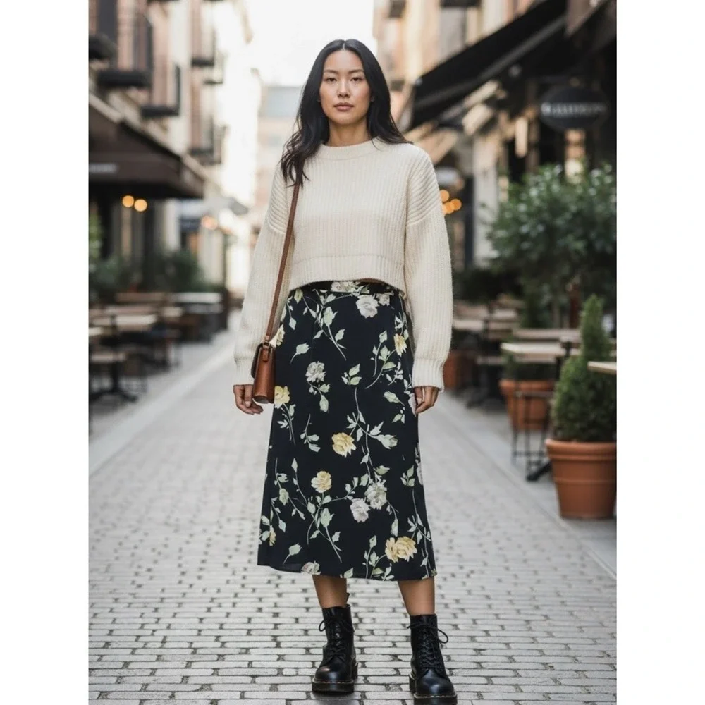Vintage Cottagecore Savion Romantic Floral Midi Skirt Size 12 Dark‎ Academia